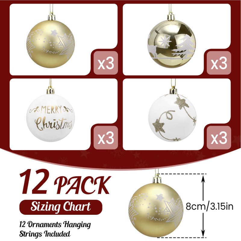 SHareconn 12ct 3.15 Inch Christmas Tree Balls Ornaments, Colored Shatterproof Plastic Decorative Baubles Decorations for Xmas Tree Decor Holiday Party Wedding Decoration (Gold & White, 80mm) - Image 2
